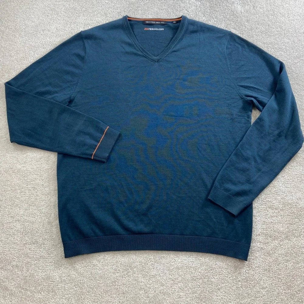 Joe Merino V-Neck Sweater Mens XL Blue 100% Extrafine Merino Wool Leo Knit